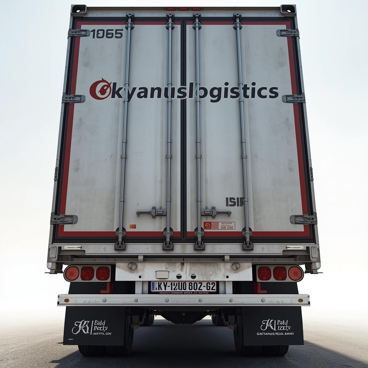okyanuslogistics lütfen bu kelime aynı şekilde türkçe olarak kargo arabasının üzerinde yazsın okunaklı olsun. arka manzara dikkat çekici olsun